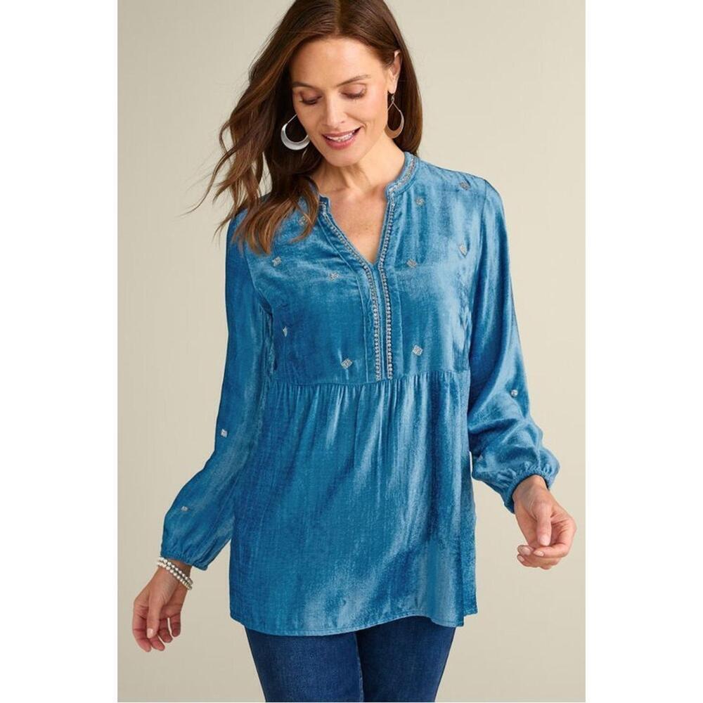 Soft Surroundings Verna Velvet Tunic Top Women's 1X Blue V-Neck Long Sleeve